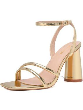 Block Heel Strappy Square Open Toe Ankle Strap Sandals for Prom Wedding Party